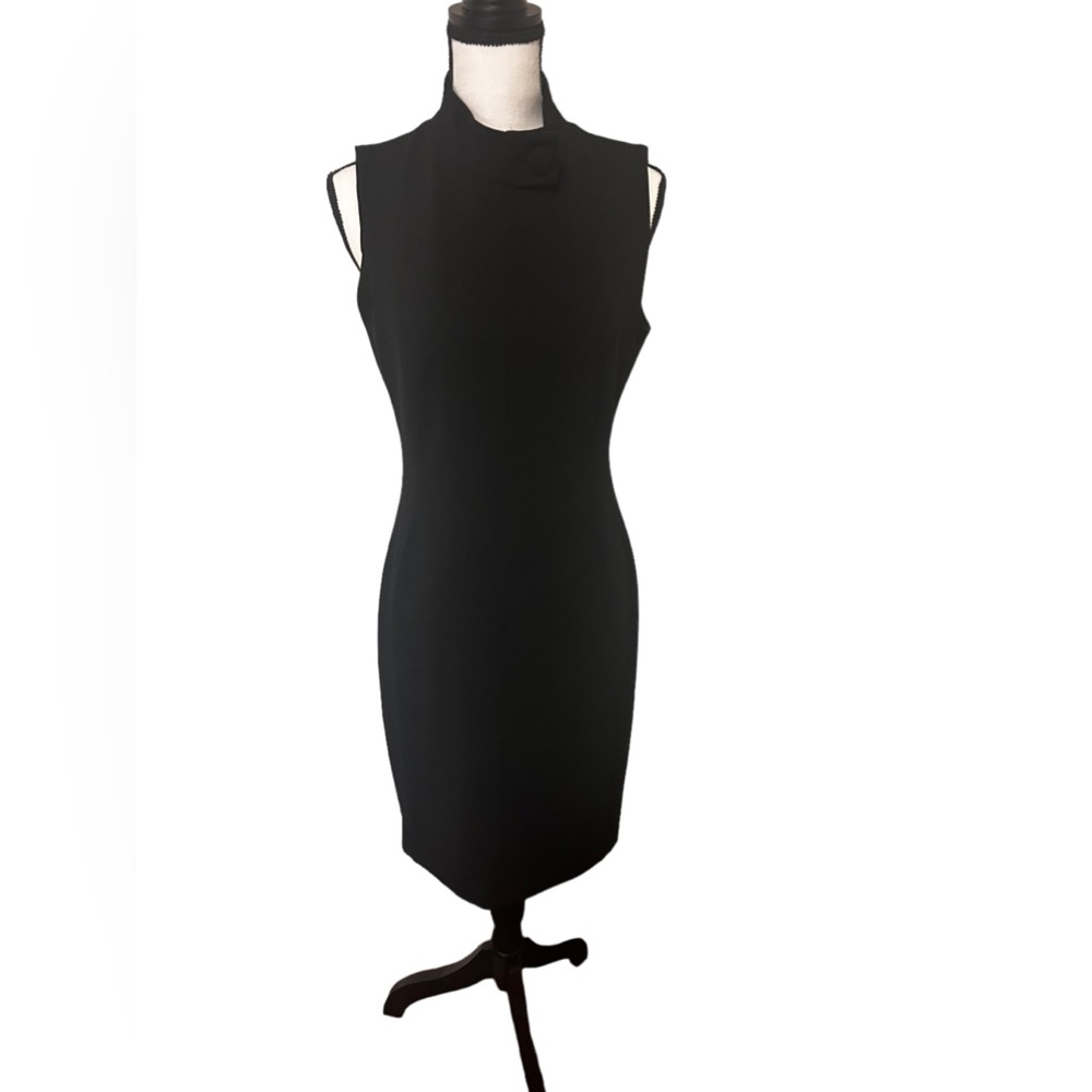 Calvin Klein mock/button neck sleeveless black sheath dress